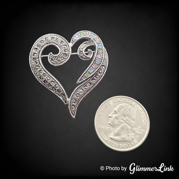 Openwork Heart Scroll Faux Marcasite Multicolor Rhinestone Silver Tone Brooch - Picture 4 of 8